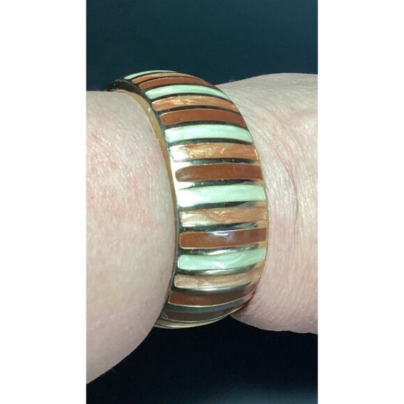 Unknown Jewelry - Vintage Copper Rose & Cream Striped Wide Hinged Clamper Bracelet Gold-Toned